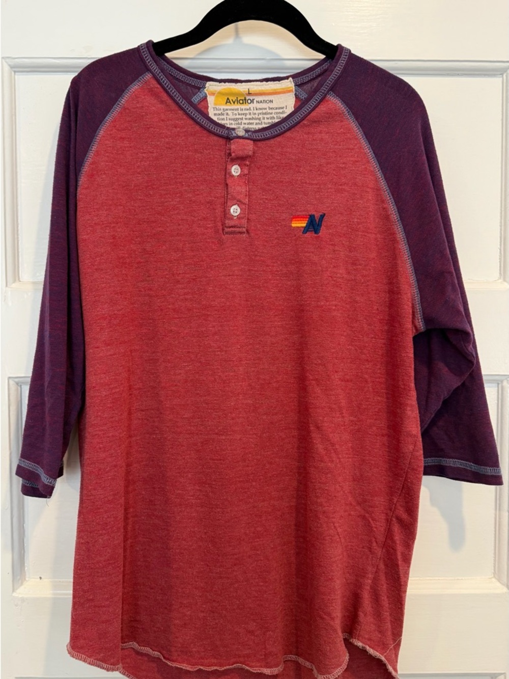 Aviator Nation Red 3/4 Sleeve Henley with Purple Trim